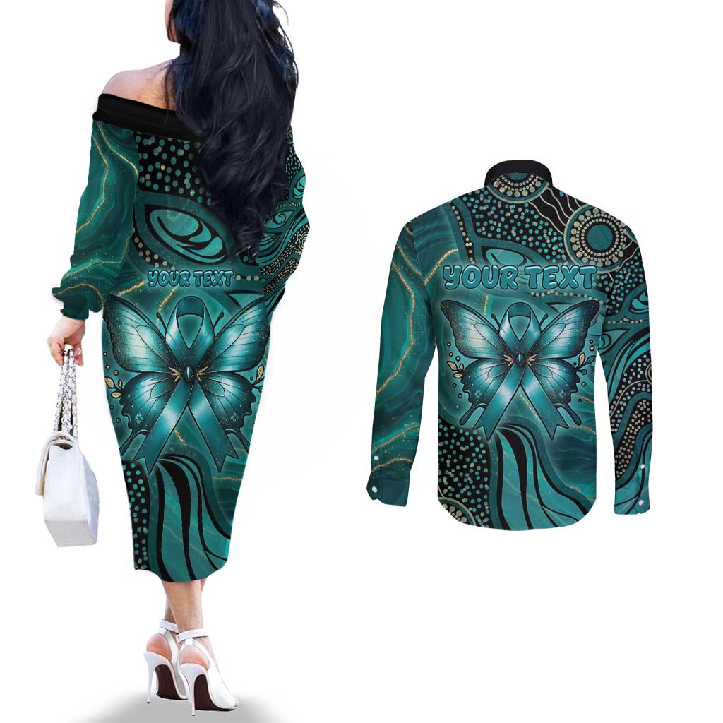 Personalised Ovarian Cancer Awareness Couples Matching Off The Shoulder Long Sleeve Dress and Long Sleeve Button Shirt This Is What A Fighter Looks Like