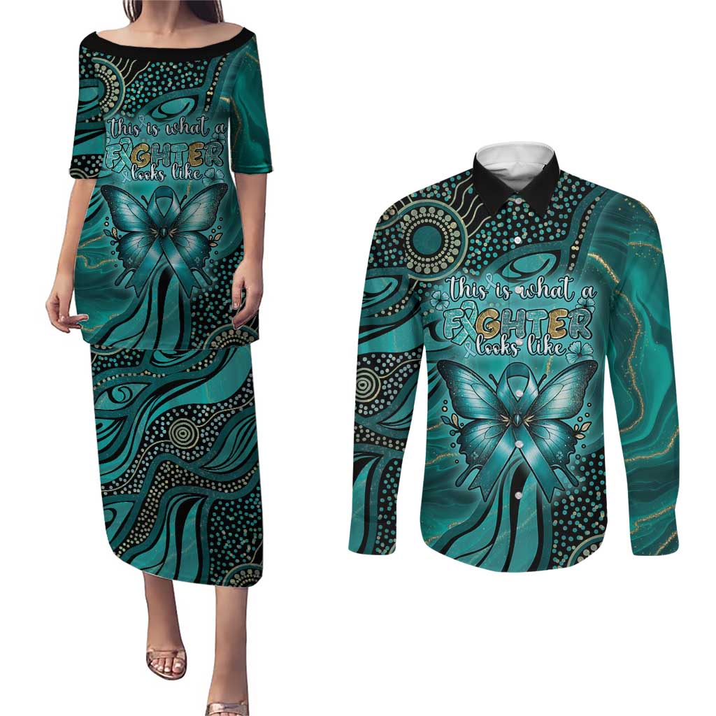 Personalised Ovarian Cancer Awareness Couples Matching Puletasi and Long Sleeve Button Shirt This Is What A Fighter Looks Like