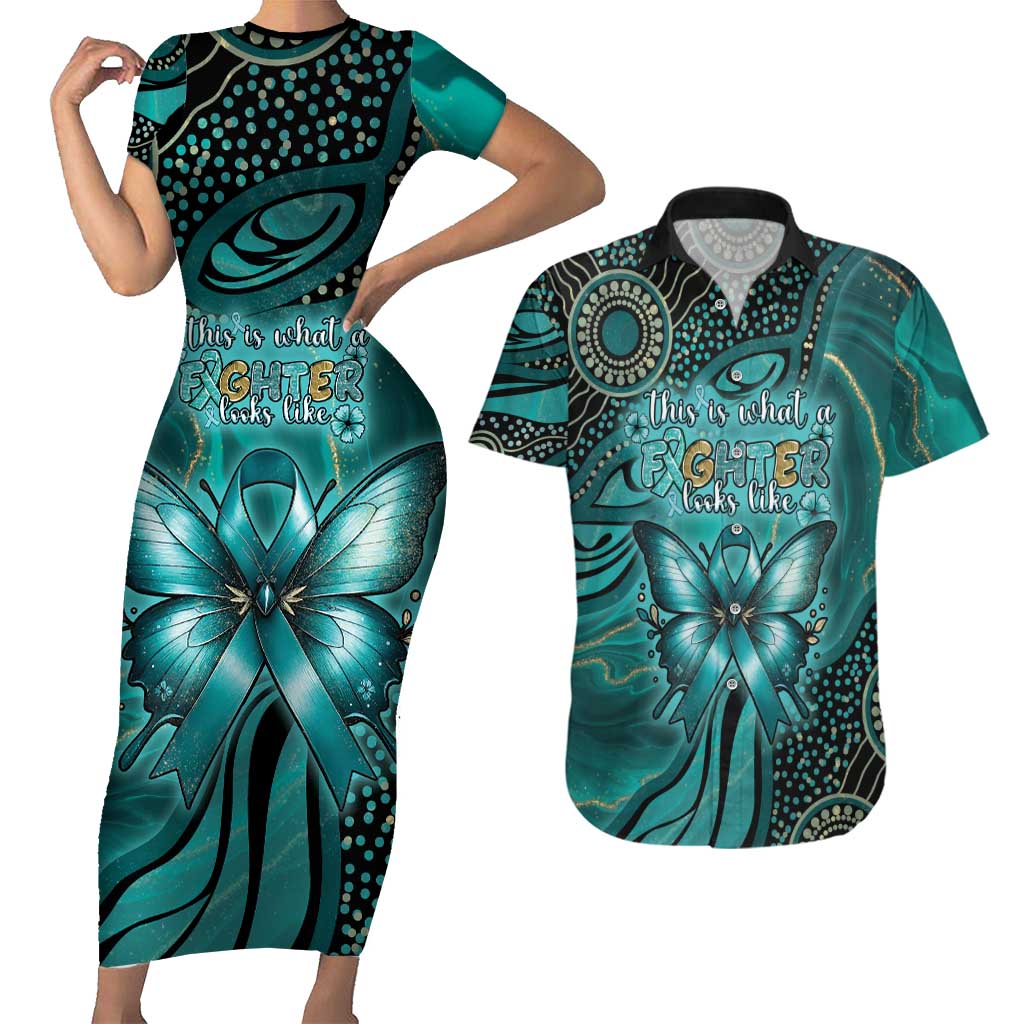 Personalised Ovarian Cancer Awareness Couples Matching Short Sleeve Bodycon Dress and Hawaiian Shirt This Is What A Fighter Looks Like