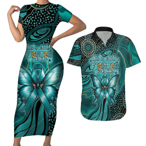 Personalised Ovarian Cancer Awareness Couples Matching Short Sleeve Bodycon Dress and Hawaiian Shirt This Is What A Fighter Looks Like