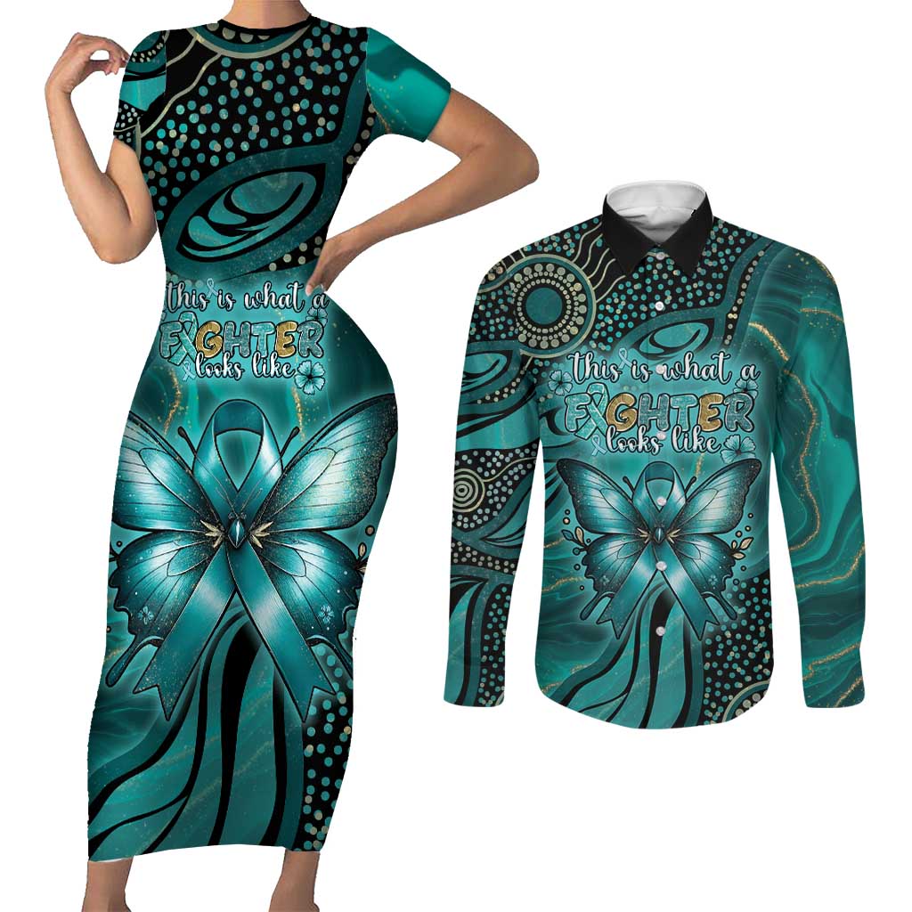 Personalised Ovarian Cancer Awareness Couples Matching Short Sleeve Bodycon Dress and Long Sleeve Button Shirt This Is What A Fighter Looks Like