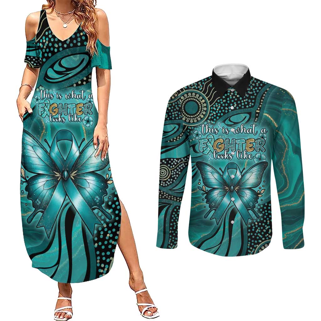 Personalised Ovarian Cancer Awareness Couples Matching Summer Maxi Dress and Long Sleeve Button Shirt This Is What A Fighter Looks Like