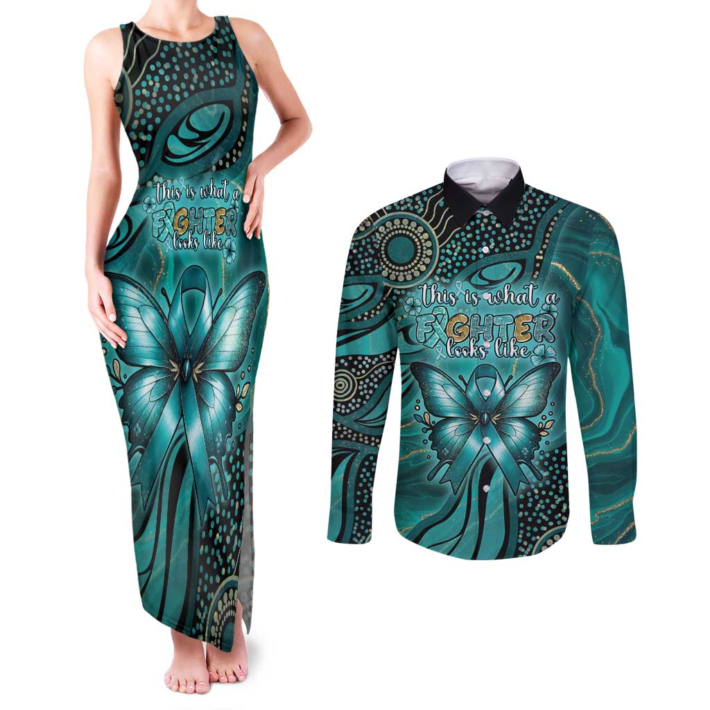 Personalised Ovarian Cancer Awareness Couples Matching Tank Maxi Dress and Long Sleeve Button Shirt This Is What A Fighter Looks Like