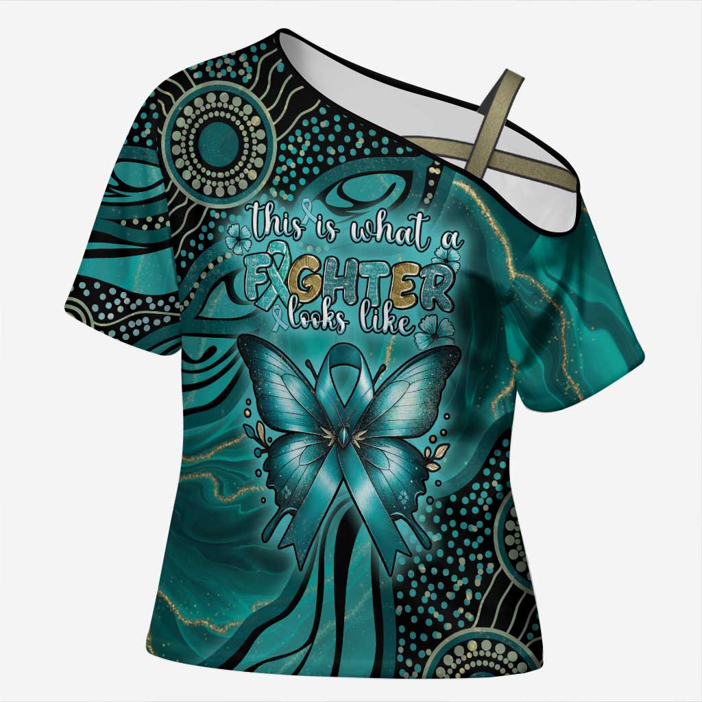 Personalised Ovarian Cancer Awareness Cross Shoulder Shirt This Is What A Fighter Looks Like