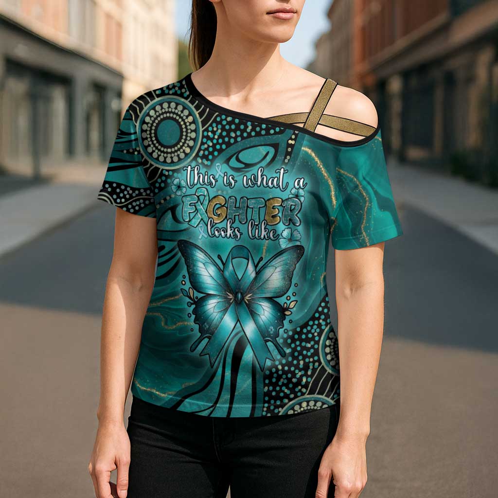 Personalised Ovarian Cancer Awareness Cross Shoulder Shirt This Is What A Fighter Looks Like