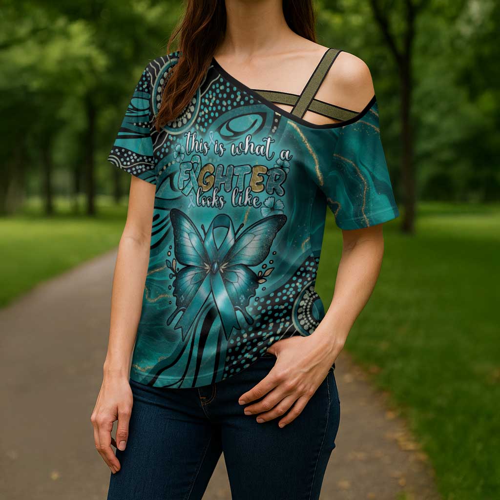 Personalised Ovarian Cancer Awareness Cross Shoulder Shirt This Is What A Fighter Looks Like