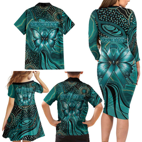 Personalised Ovarian Cancer Awareness Family Matching Long Sleeve Bodycon Dress and Hawaiian Shirt This Is What A Fighter Looks Like