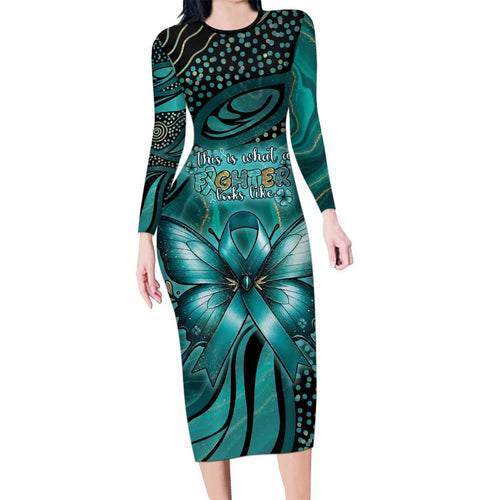 Personalised Ovarian Cancer Awareness Family Matching Long Sleeve Bodycon Dress and Hawaiian Shirt This Is What A Fighter Looks Like