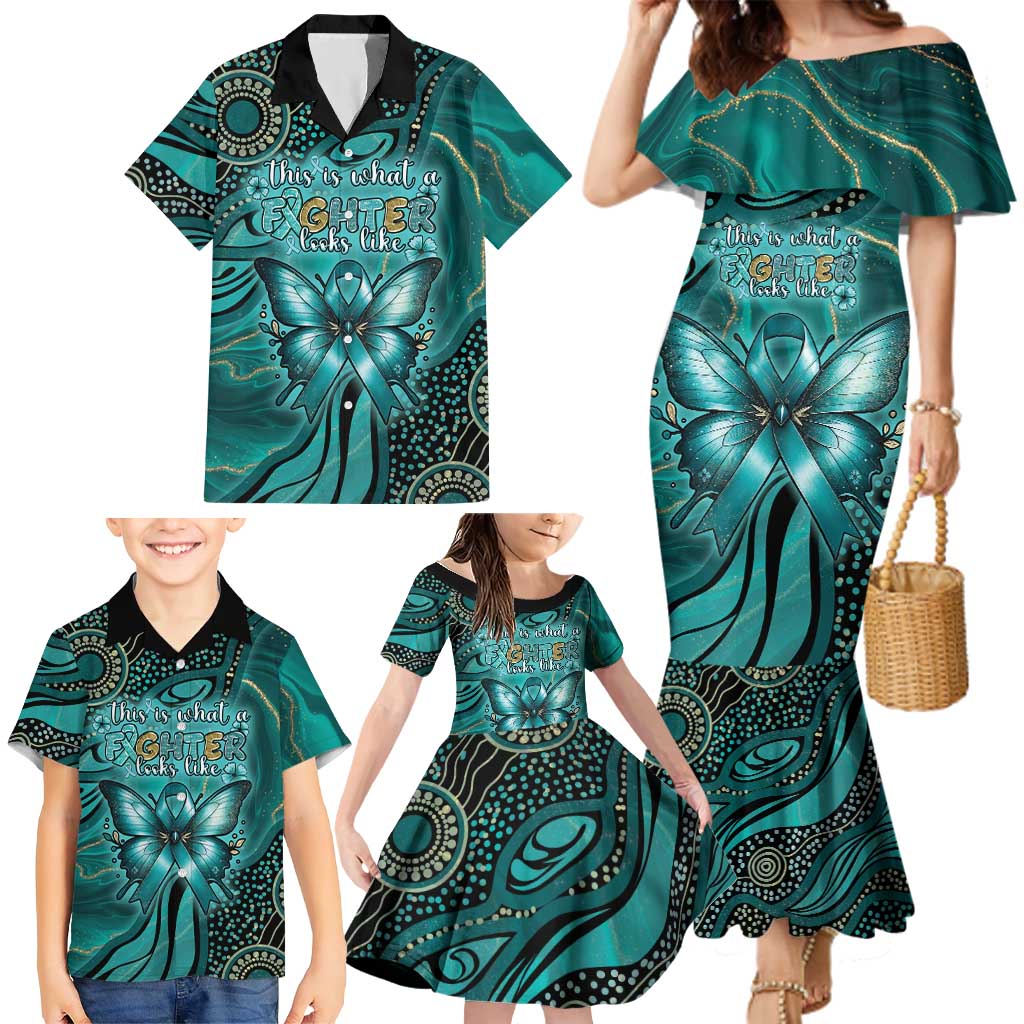 Personalised Ovarian Cancer Awareness Family Matching Mermaid Dress and Hawaiian Shirt This Is What A Fighter Looks Like