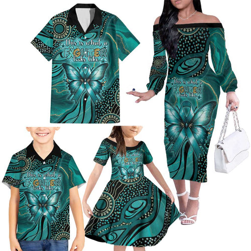 Personalised Ovarian Cancer Awareness Family Matching Off The Shoulder Long Sleeve Dress and Hawaiian Shirt This Is What A Fighter Looks Like