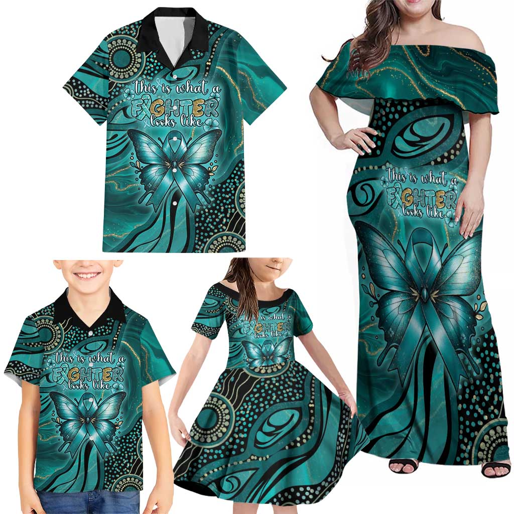 Personalised Ovarian Cancer Awareness Family Matching Off Shoulder Maxi Dress and Hawaiian Shirt This Is What A Fighter Looks Like
