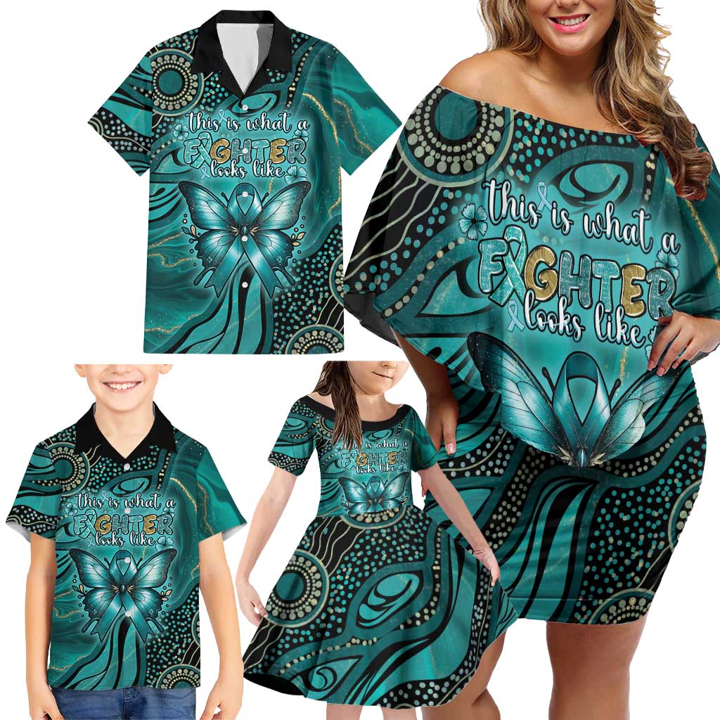 Personalised Ovarian Cancer Awareness Family Matching Off Shoulder Short Dress and Hawaiian Shirt This Is What A Fighter Looks Like
