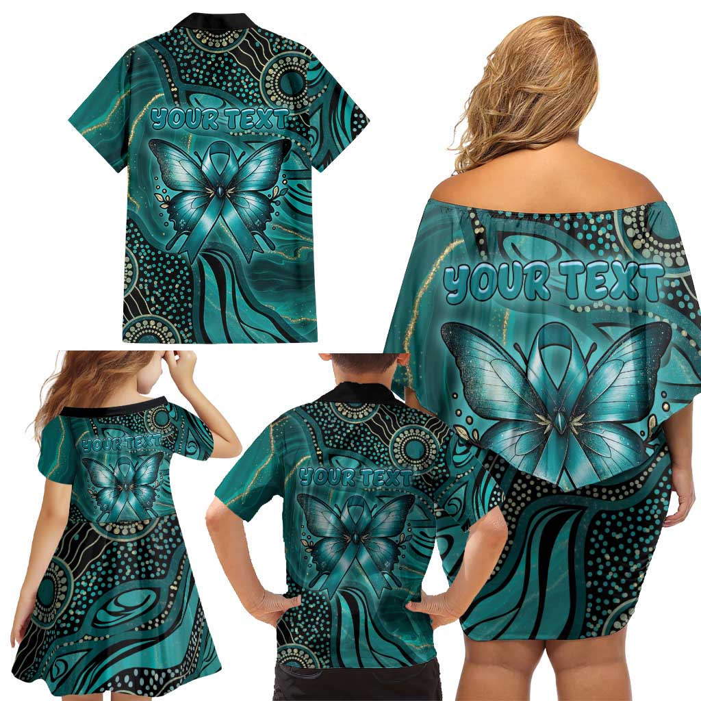 Personalised Ovarian Cancer Awareness Family Matching Off Shoulder Short Dress and Hawaiian Shirt This Is What A Fighter Looks Like
