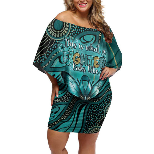 Personalised Ovarian Cancer Awareness Family Matching Off Shoulder Short Dress and Hawaiian Shirt This Is What A Fighter Looks Like