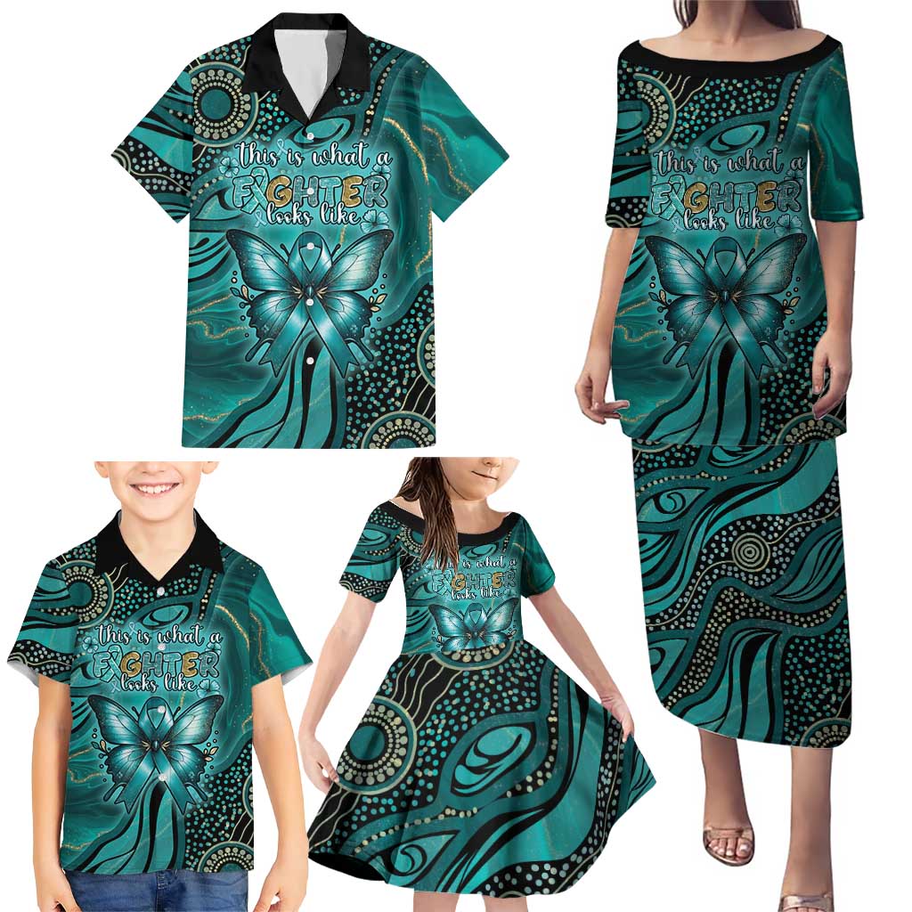 Personalised Ovarian Cancer Awareness Family Matching Puletasi and Hawaiian Shirt This Is What A Fighter Looks Like