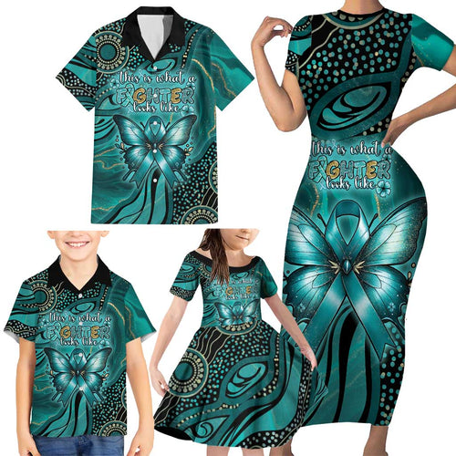 Personalised Ovarian Cancer Awareness Family Matching Short Sleeve Bodycon Dress and Hawaiian Shirt This Is What A Fighter Looks Like