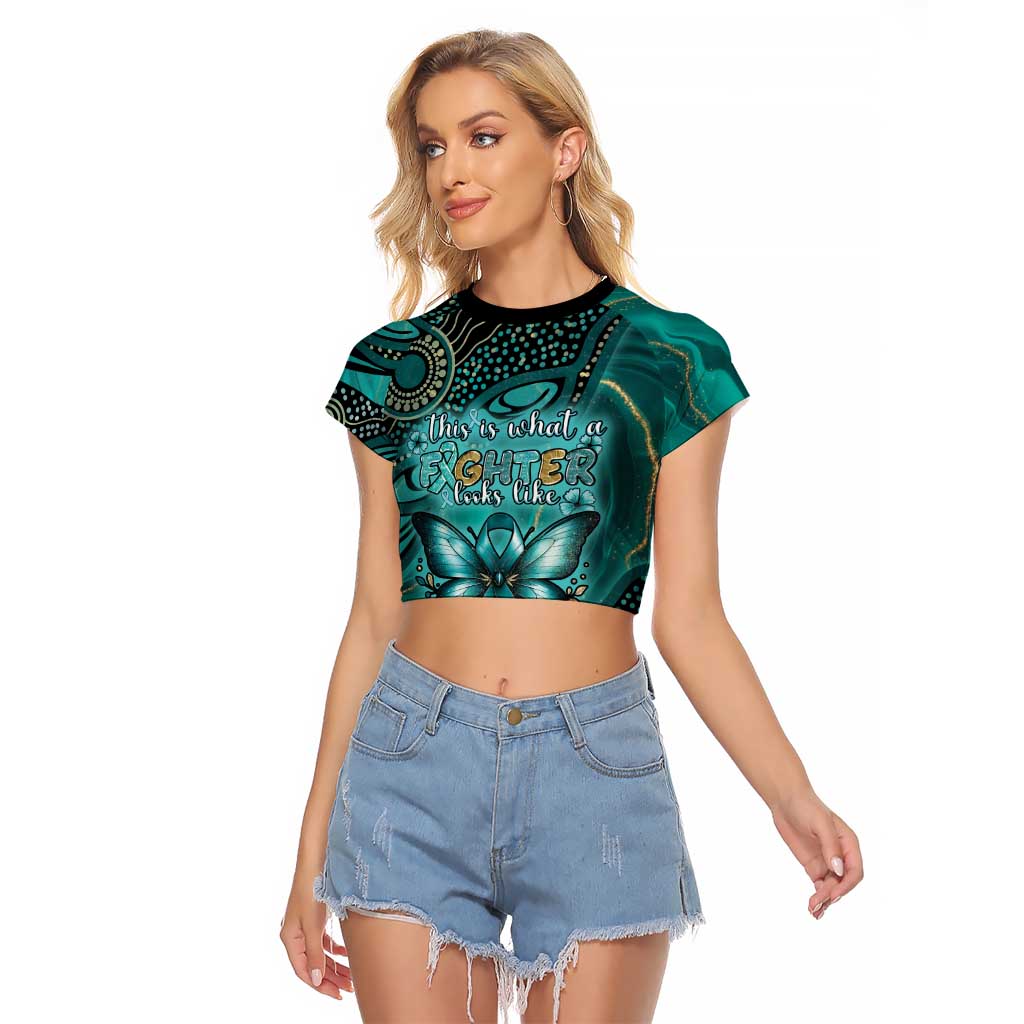 Personalised Ovarian Cancer Awareness Raglan Cropped T Shirt This Is What A Fighter Looks Like