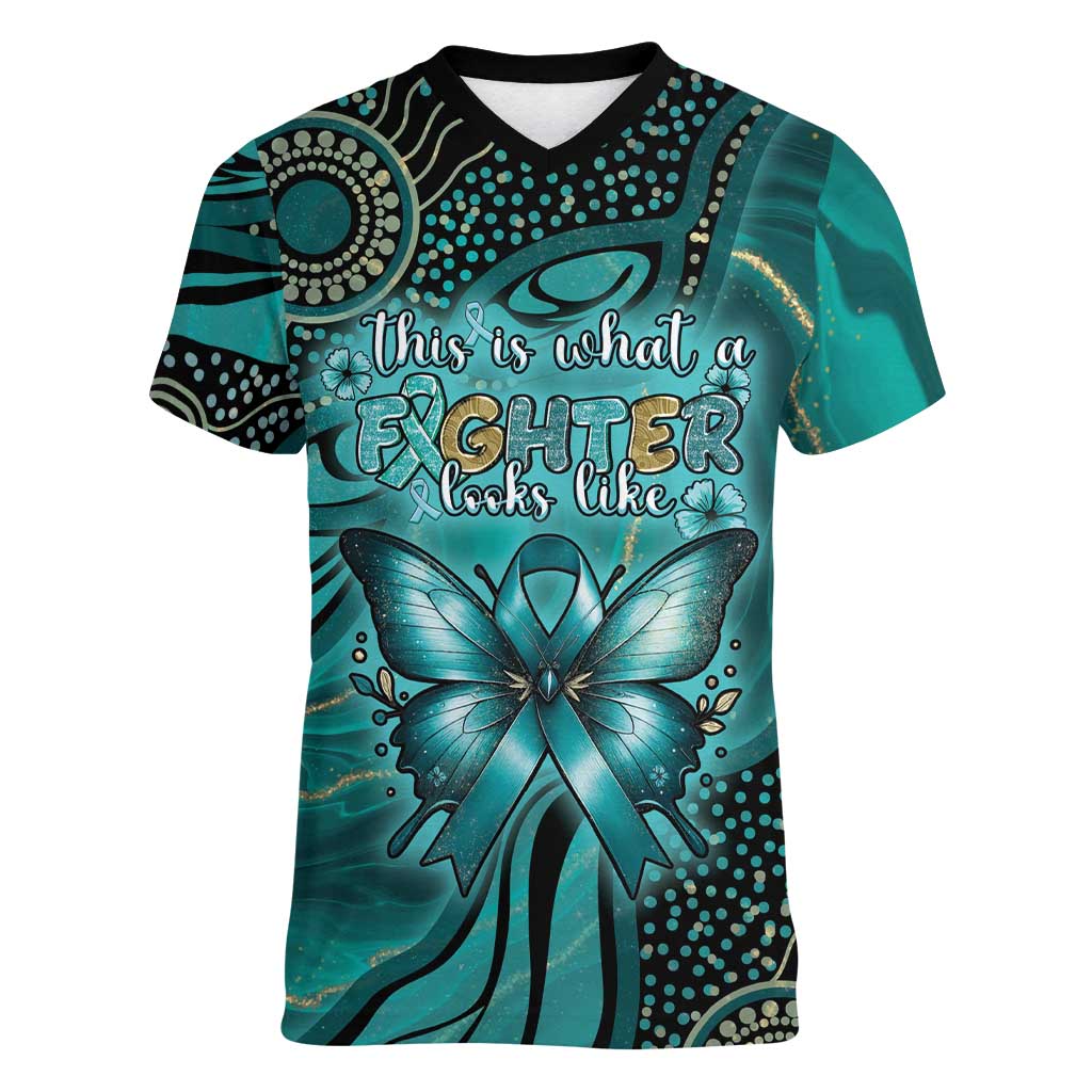 Personalised Ovarian Cancer Awareness Women V-Neck T-Shirt This Is What A Fighter Looks Like