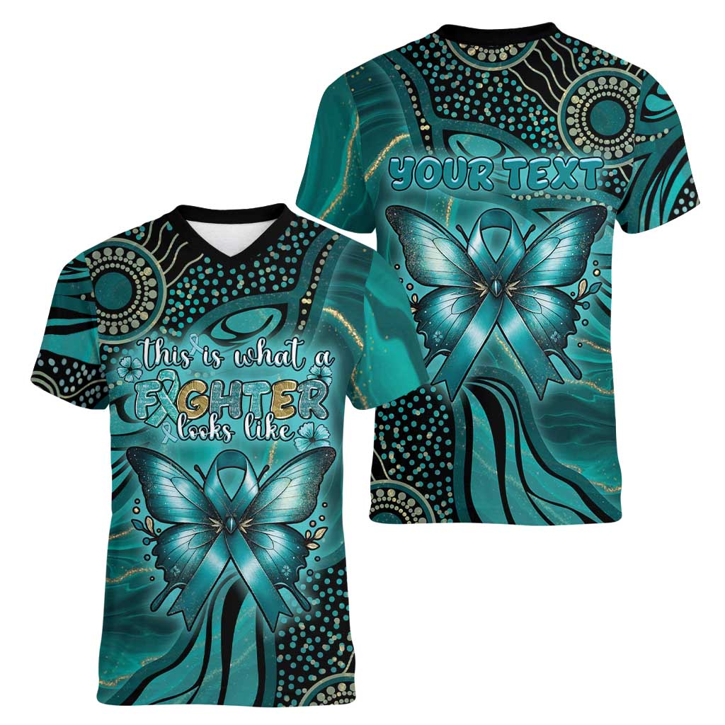 Personalised Ovarian Cancer Awareness Women V-Neck T-Shirt This Is What A Fighter Looks Like