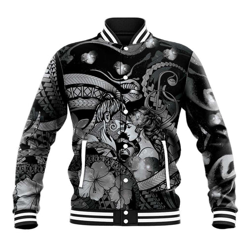 Personalised Maori Romantic Valentine Baseball Jacket The Hongi Kiss Black Galaxy