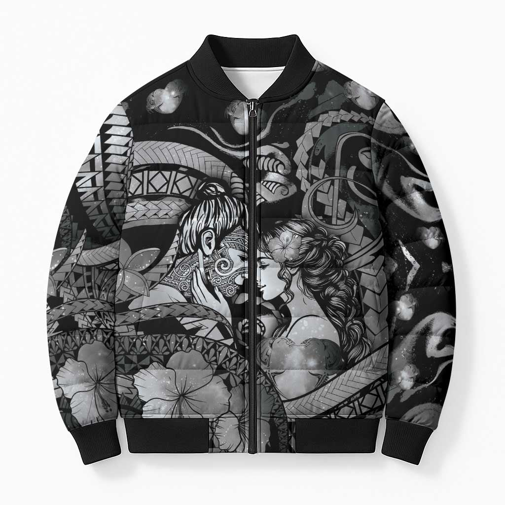 Personalised Maori Romantic Valentine Bomber Puffer Jacket The Hongi Kiss Black Galaxy
