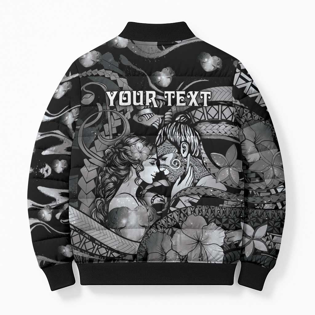 Personalised Maori Romantic Valentine Bomber Puffer Jacket The Hongi Kiss Black Galaxy