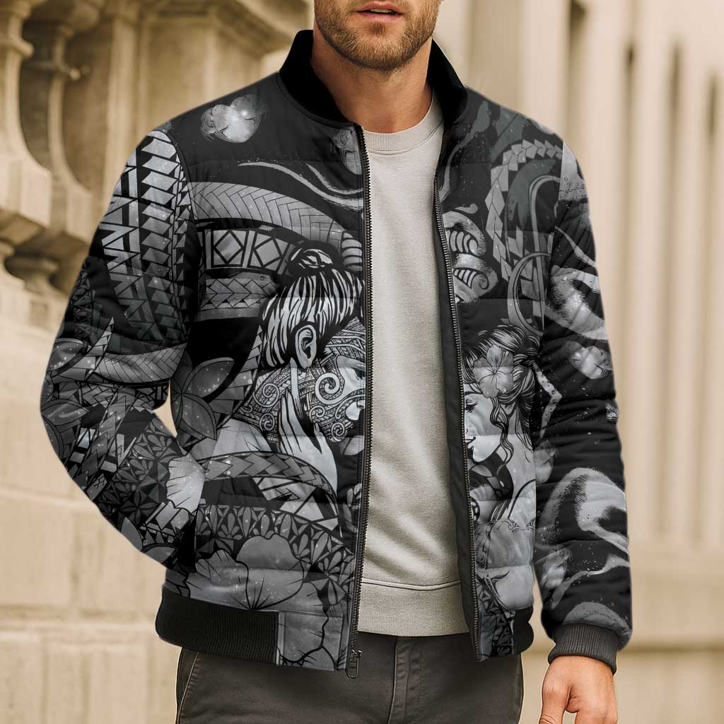 Personalised Maori Romantic Valentine Bomber Puffer Jacket The Hongi Kiss Black Galaxy