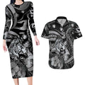 Personalised Maori Romantic Valentine Couples Matching Long Sleeve Bodycon Dress and Hawaiian Shirt The Hongi Kiss Black Galaxy