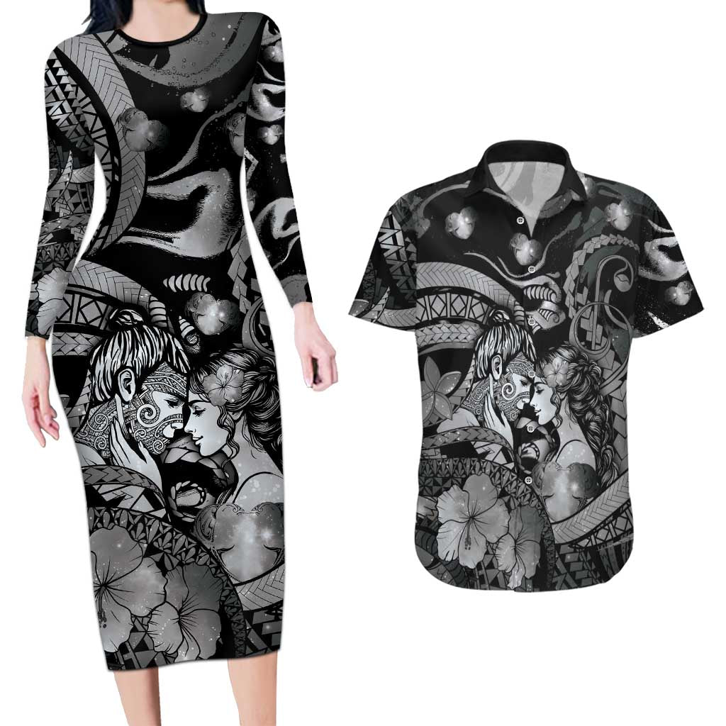 Personalised Maori Romantic Valentine Couples Matching Long Sleeve Bodycon Dress and Hawaiian Shirt The Hongi Kiss Black Galaxy