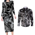 Personalised Maori Romantic Valentine Couples Matching Long Sleeve Bodycon Dress and Long Sleeve Button Shirt The Hongi Kiss Black Galaxy