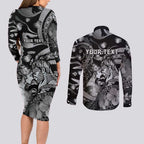 Personalised Maori Romantic Valentine Couples Matching Long Sleeve Bodycon Dress and Long Sleeve Button Shirt The Hongi Kiss Black Galaxy