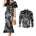 Personalised Maori Romantic Valentine Couples Matching Mermaid Dress and Long Sleeve Button Shirt The Hongi Kiss Black Galaxy