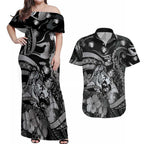 Personalised Maori Romantic Valentine Couples Matching Off Shoulder Maxi Dress and Hawaiian Shirt The Hongi Kiss Black Galaxy