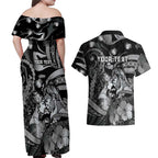 Personalised Maori Romantic Valentine Couples Matching Off Shoulder Maxi Dress and Hawaiian Shirt The Hongi Kiss Black Galaxy
