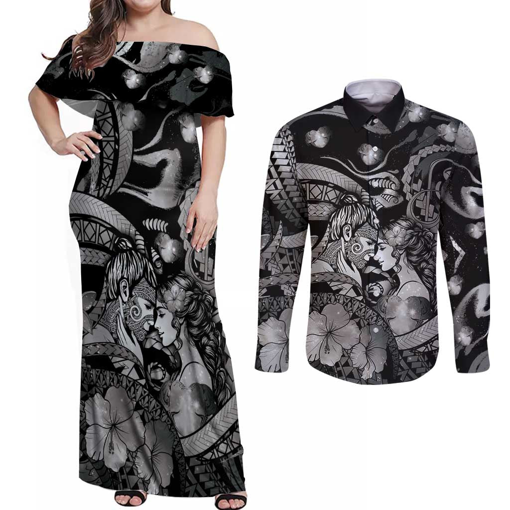 Personalised Maori Romantic Valentine Couples Matching Off Shoulder Maxi Dress and Long Sleeve Button Shirt The Hongi Kiss Black Galaxy