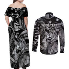 Personalised Maori Romantic Valentine Couples Matching Off Shoulder Maxi Dress and Long Sleeve Button Shirt The Hongi Kiss Black Galaxy