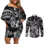 Personalised Maori Romantic Valentine Couples Matching Off Shoulder Short Dress and Long Sleeve Button Shirt The Hongi Kiss Black Galaxy