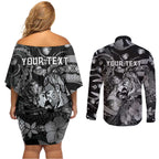 Personalised Maori Romantic Valentine Couples Matching Off Shoulder Short Dress and Long Sleeve Button Shirt The Hongi Kiss Black Galaxy