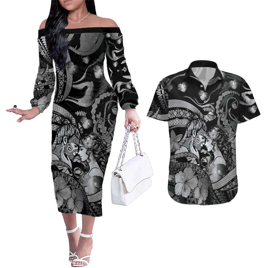 Personalised Maori Romantic Valentine Couples Matching Off The Shoulder Long Sleeve Dress and Hawaiian Shirt The Hongi Kiss Black Galaxy