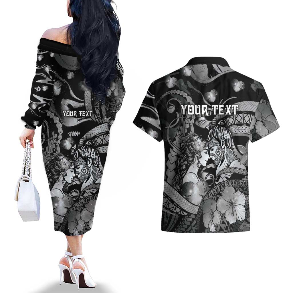 Personalised Maori Romantic Valentine Couples Matching Off The Shoulder Long Sleeve Dress and Hawaiian Shirt The Hongi Kiss Black Galaxy
