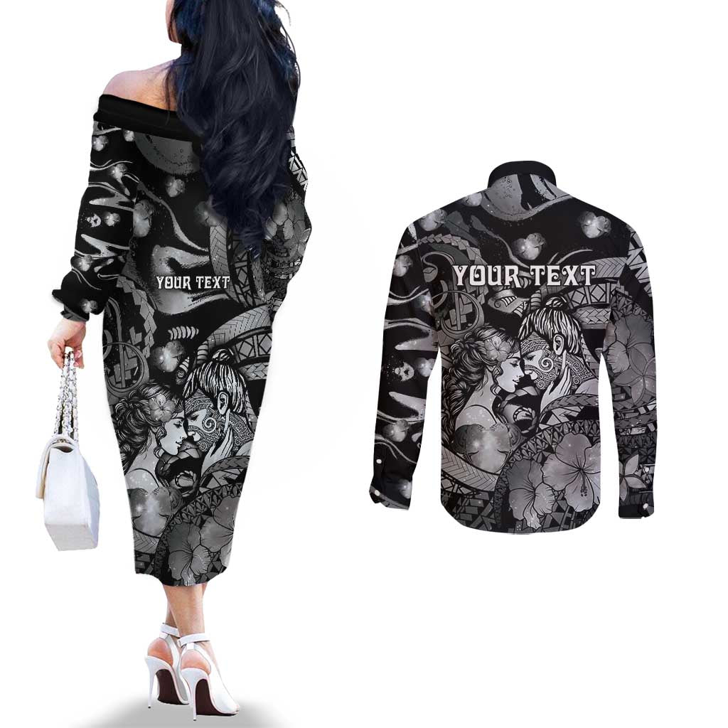 Personalised Maori Romantic Valentine Couples Matching Off The Shoulder Long Sleeve Dress and Long Sleeve Button Shirt The Hongi Kiss Black Galaxy