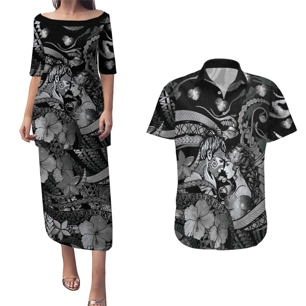 Personalised Maori Romantic Valentine Couples Matching Puletasi and Hawaiian Shirt The Hongi Kiss Black Galaxy