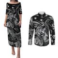 Personalised Maori Romantic Valentine Couples Matching Puletasi and Long Sleeve Button Shirt The Hongi Kiss Black Galaxy