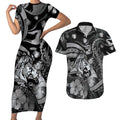 Personalised Maori Romantic Valentine Couples Matching Short Sleeve Bodycon Dress and Hawaiian Shirt The Hongi Kiss Black Galaxy