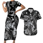 Personalised Maori Romantic Valentine Couples Matching Short Sleeve Bodycon Dress and Hawaiian Shirt The Hongi Kiss Black Galaxy