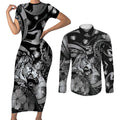 Personalised Maori Romantic Valentine Couples Matching Short Sleeve Bodycon Dress and Long Sleeve Button Shirt The Hongi Kiss Black Galaxy