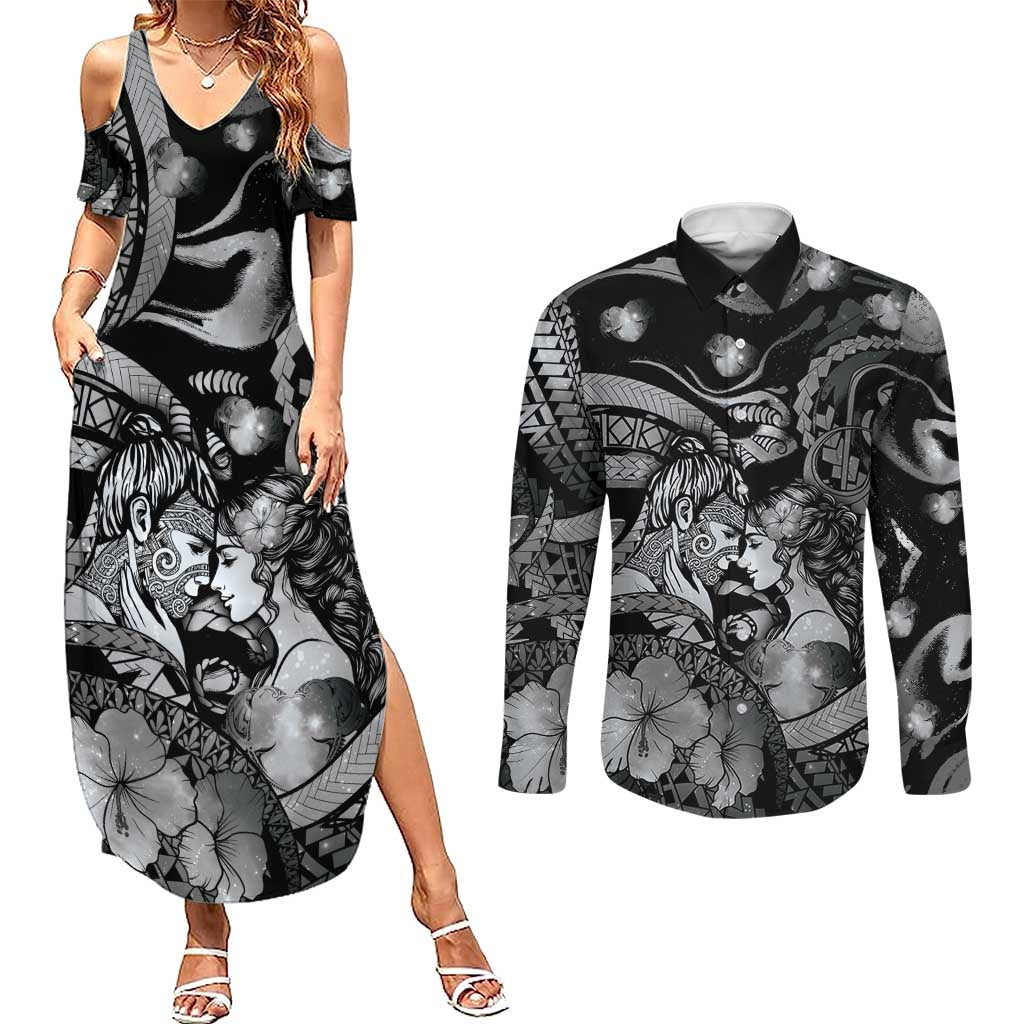 Personalised Maori Romantic Valentine Couples Matching Summer Maxi Dress and Long Sleeve Button Shirt The Hongi Kiss Black Galaxy