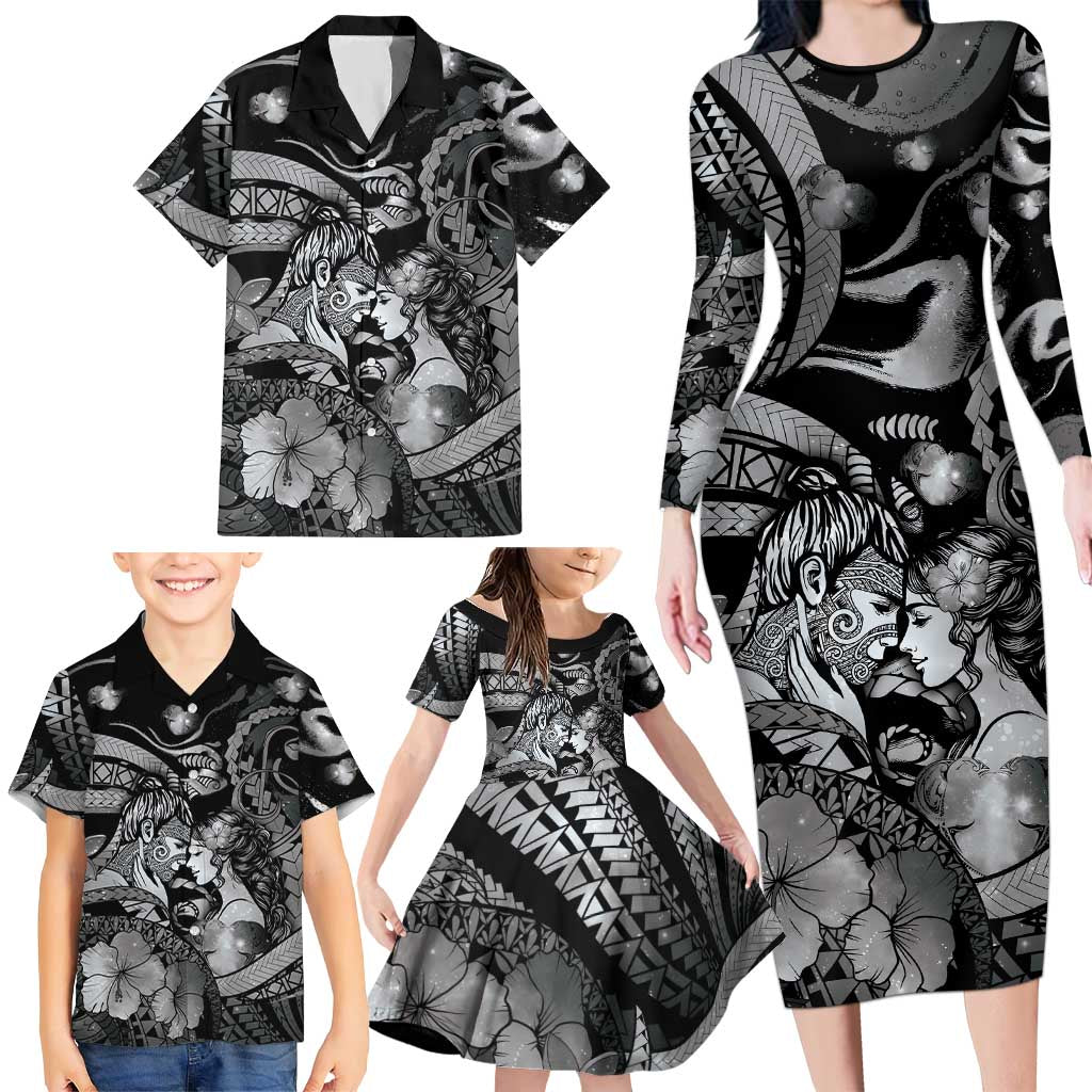 Personalised Maori Romantic Valentine Family Matching Long Sleeve Bodycon Dress and Hawaiian Shirt The Hongi Kiss Black Galaxy