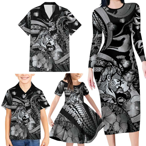 Personalised Maori Romantic Valentine Family Matching Long Sleeve Bodycon Dress and Hawaiian Shirt The Hongi Kiss Black Galaxy