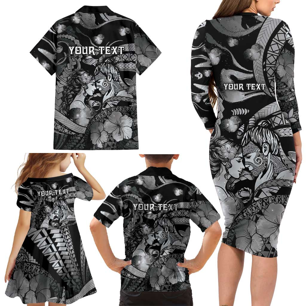 Personalised Maori Romantic Valentine Family Matching Long Sleeve Bodycon Dress and Hawaiian Shirt The Hongi Kiss Black Galaxy